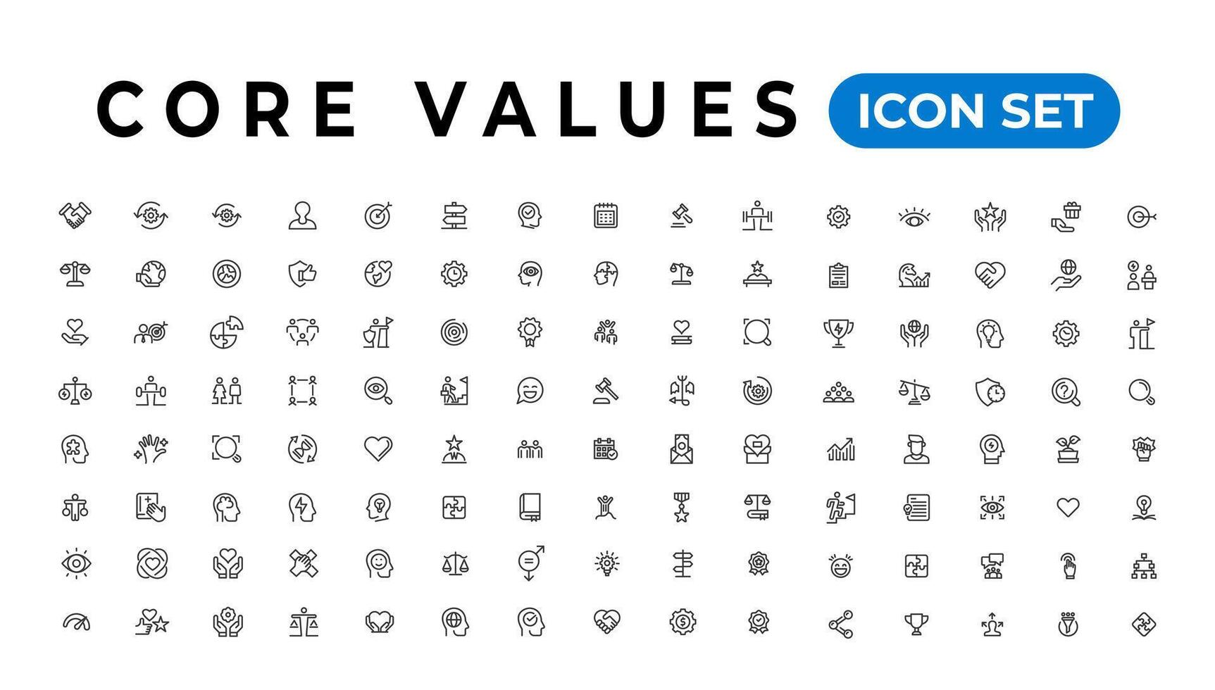 kern waarde icoon verzameling. met innovatie, doelen, verantwoordelijkheid, integriteit, klanten, inzet, kwaliteit, teamwerk, betrouwbaarheid en inclusie. vector solide verzameling van pictogrammen