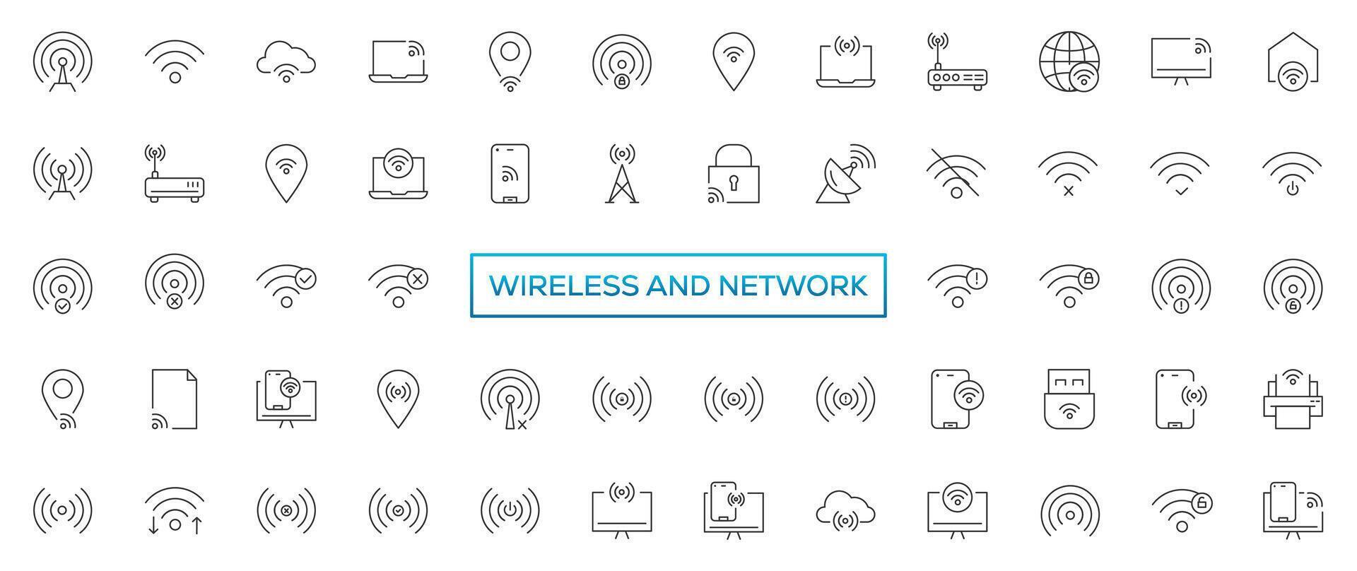 draadloze en netwerk vector lijn icoon set. bevat lineair schets pictogrammen Leuk vinden verbinding, signaal, internetten, telefoon, radio, computer, Wifi, communicatie, antenne