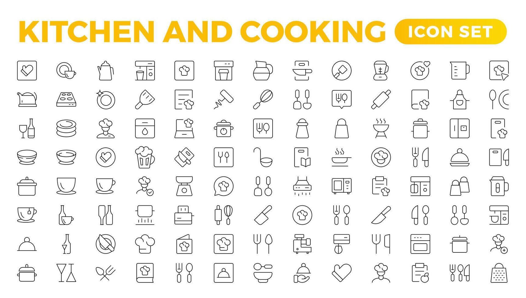 reeks van schets pictogrammen verwant naar Koken, en keuken. lineair icoon verzameling. keuken en Koken dun lijn web icoon set. schets pictogrammen verzameling. keuken gereedschap - pan, oven, kookboek, pan. vector