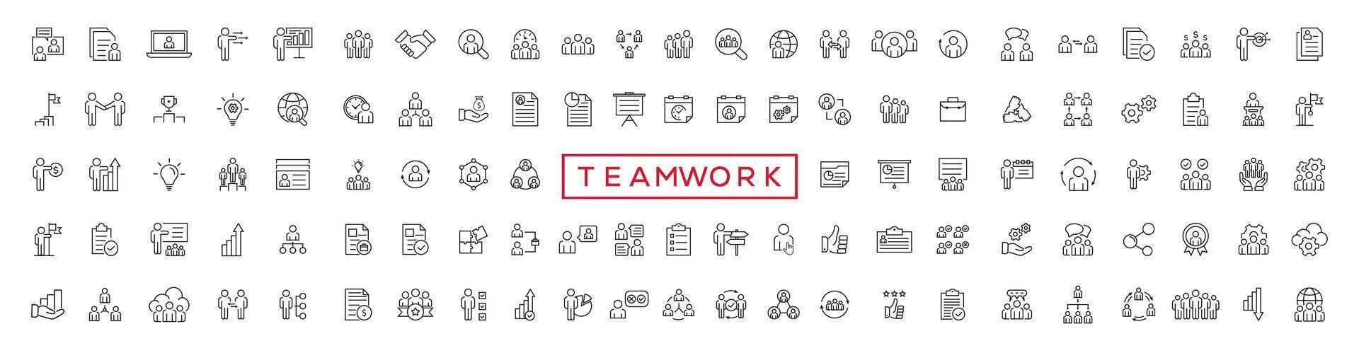 bedrijf teamwerk, team gebouw, werk groep en menselijk middelen minimaal dun lijn web icoon set. schets pictogrammen verzameling. gemakkelijk vector illustratie