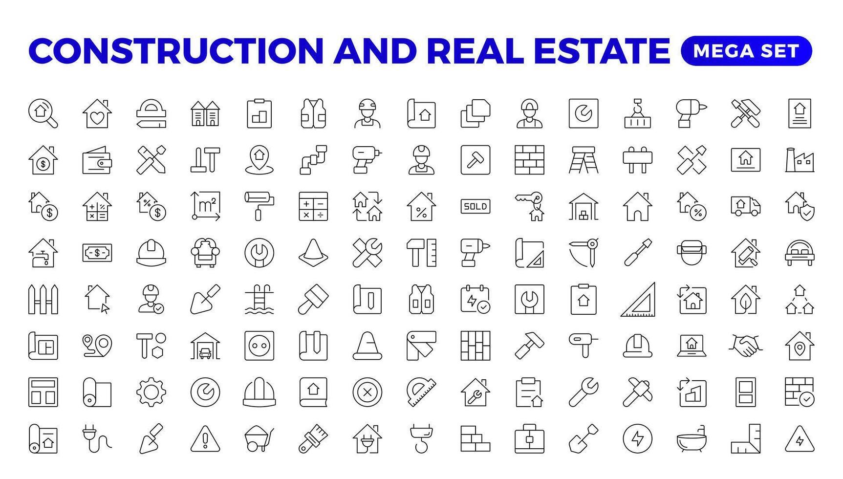 echt landgoed en bouw lijn pictogrammen set. echt landgoed schets pictogrammen verzameling. aankoop en uitverkoop van huisvesting, bouwer, kraan, verhuur van terrein, verzekering, onroerend goed, meeteenheid, hulpmiddel. dun lijn icoon. vector