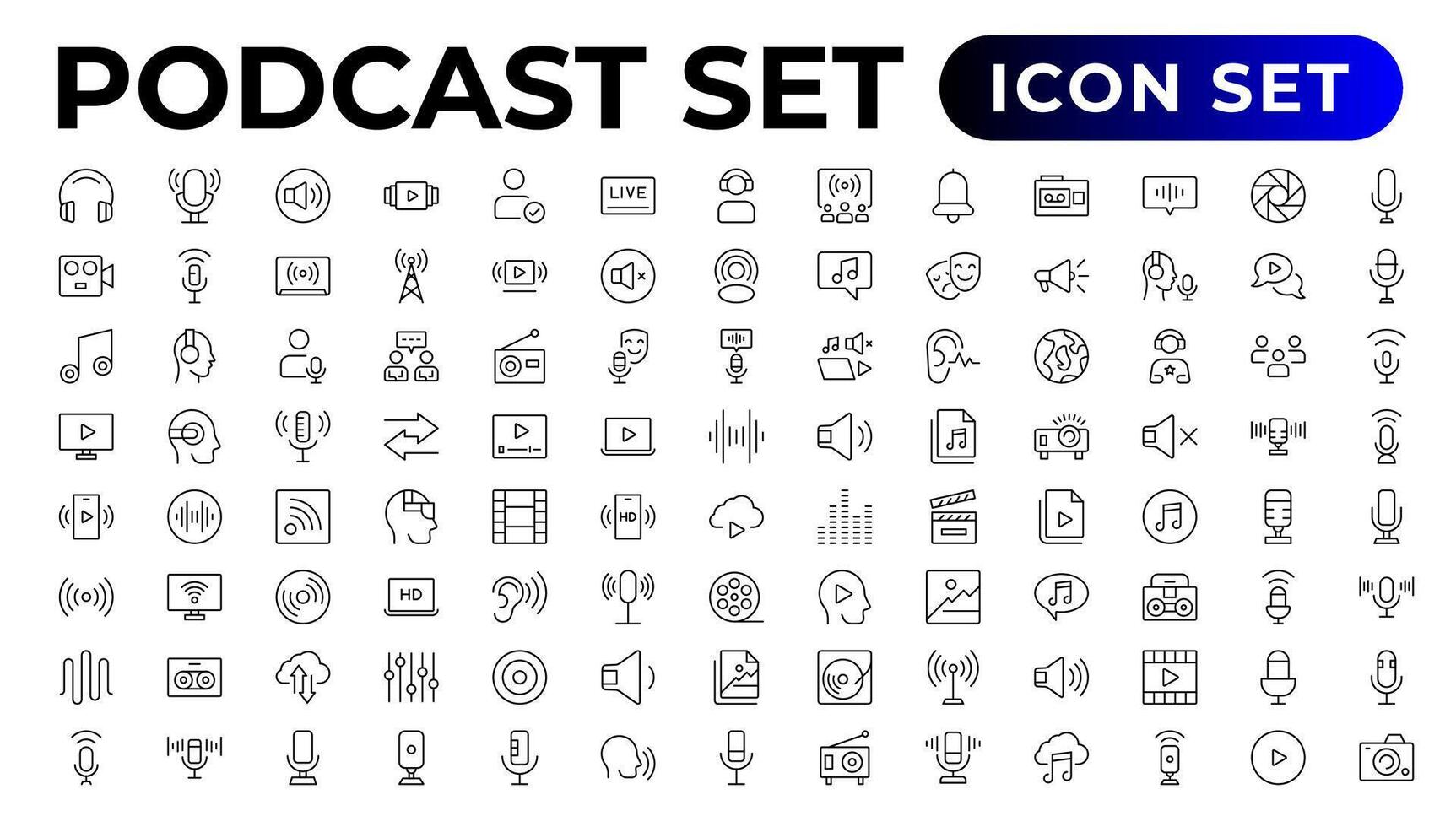 podcast icoon verzameling. met geluid, microfoon, dossier, podcasten, omroep.overzicht icoon verzameling. vector