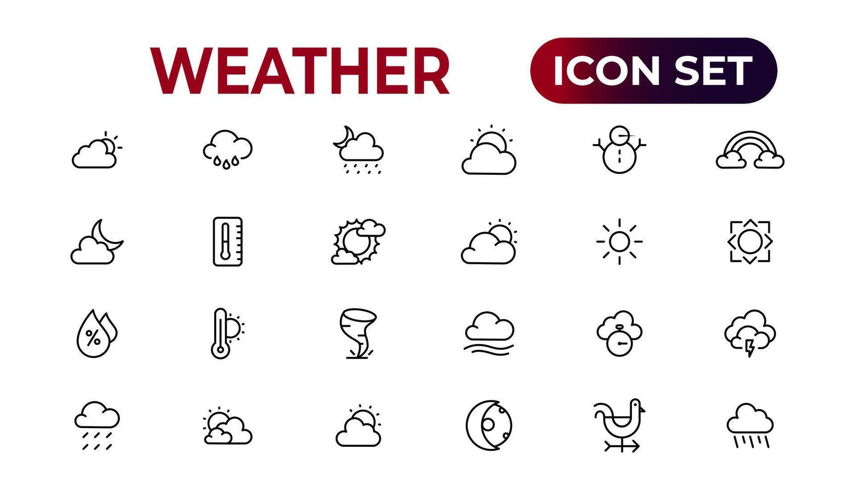 weer pictogrammen. weer voorspelling icoon set. wolken logo. weer , wolken, zonnig dag, maan, sneeuwvlokken, wind, zon dag. vector illustratie.