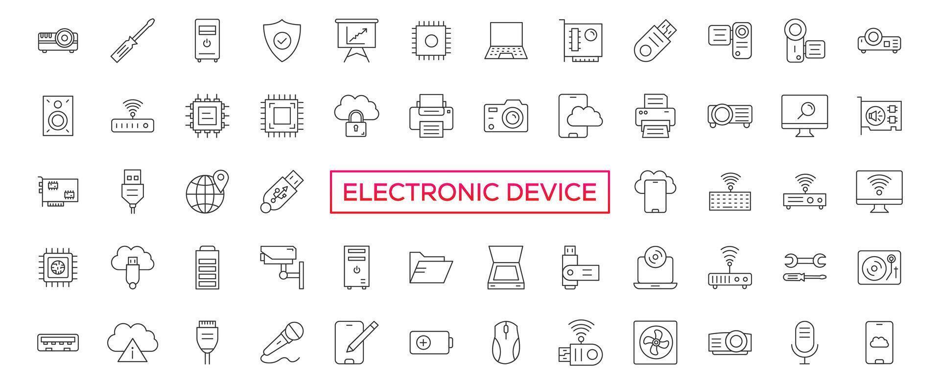 elektronisch apparaat lijn icoon set, technologie symbolen verzameling, vector schetsen, logo illustraties, lineair pictogrammen pakket geïsoleerd Aan wit achtergrond