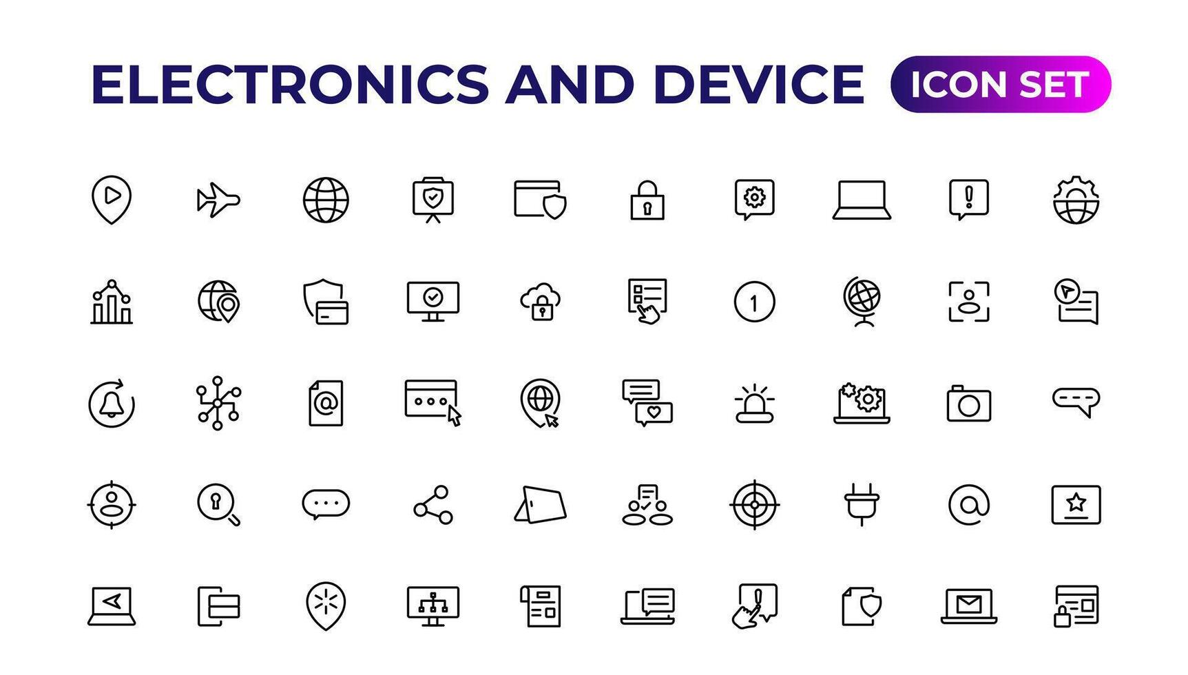 elektronica en apparaat lijnen icoon set. elektronisch apparaten en gadgets, computer, uitrusting en elektronica. computer monitor, smartphone, tablet en laptop sumbol verzameling. vector