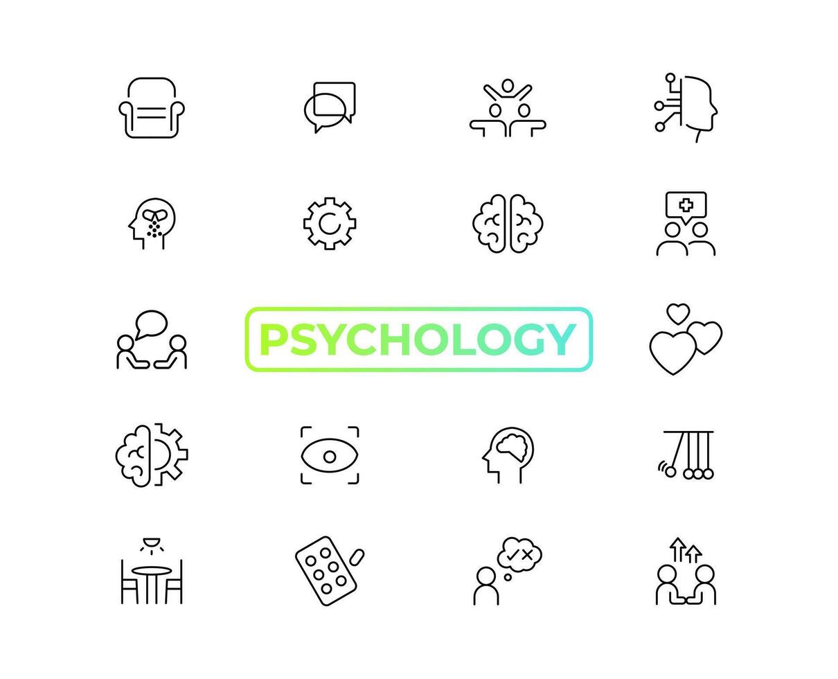 psychologie en mentaal lijn pictogrammen verzameling. groot ui icoon reeks in een vlak ontwerp. dun schets pictogrammen pak. vector illustratie eps10