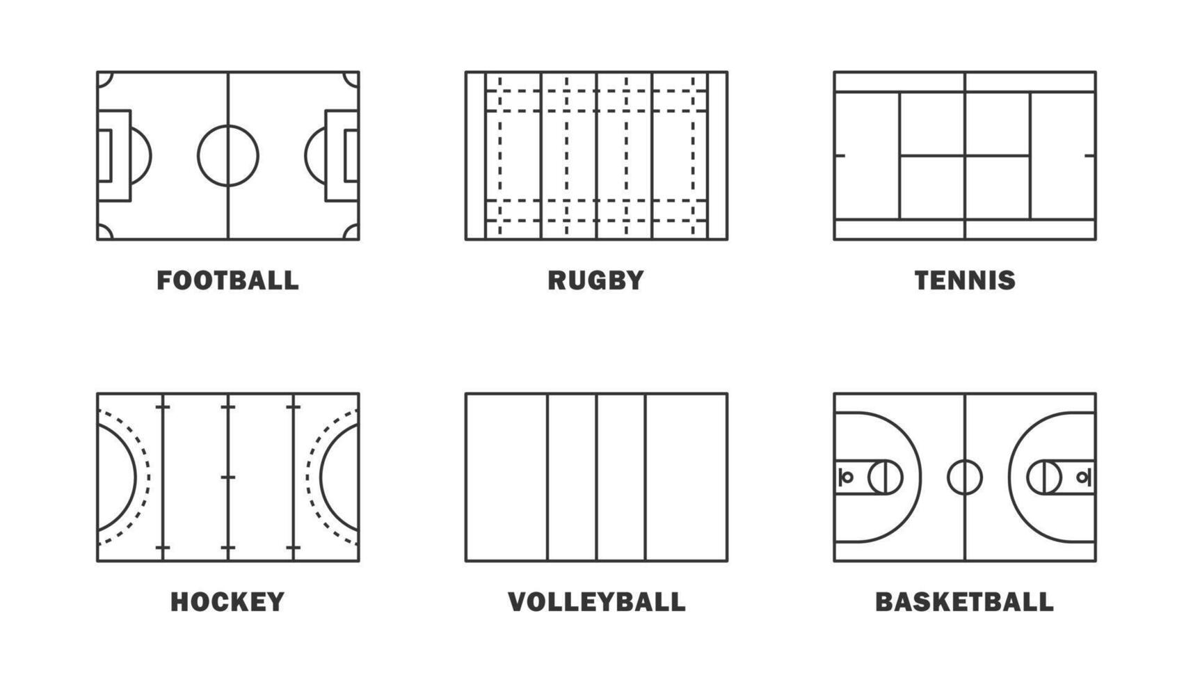 Amerikaans voetbal, tennis, hockey, basketbal, volleybal en rugby veld- sjabloon set. vector illustratie.