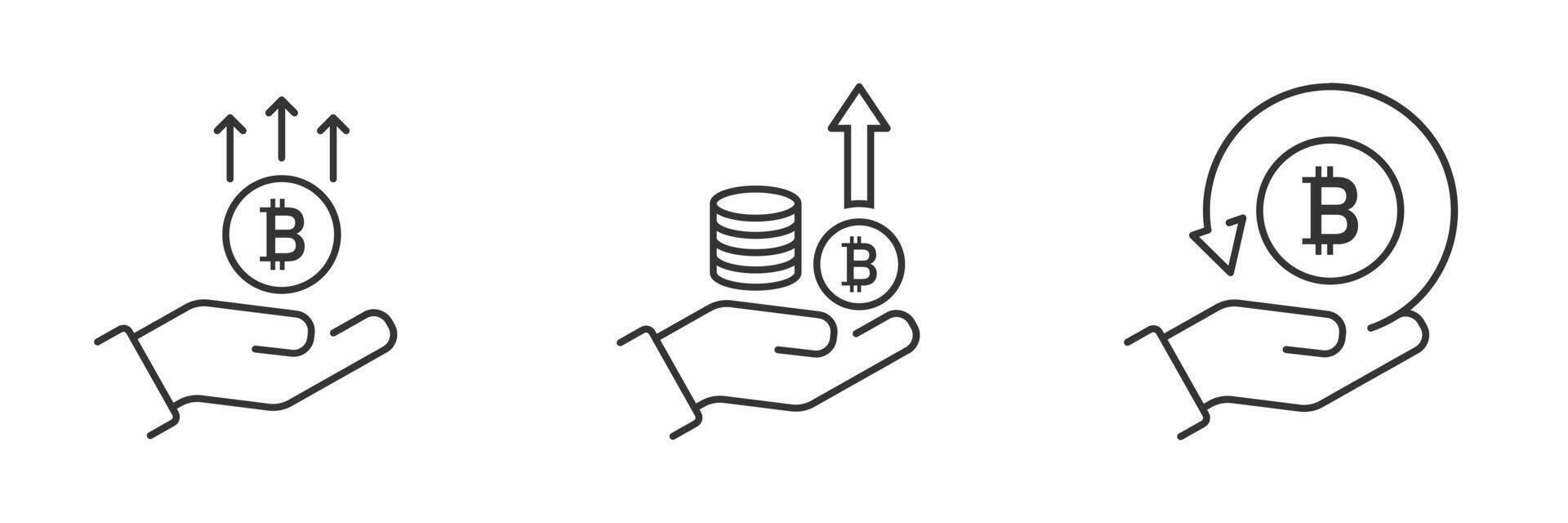 pictogram van bitcoin in hand. bitcoin groei icoon. munten in de hand. financieel groei pictogrammen. hand- en winst symbolen. bedrijf. vector illustratie.