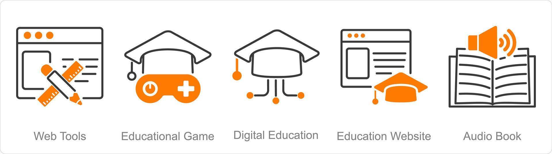 een reeks van 5 online onderwijs pictogrammen net zo web hulpmiddelen, leerzaam spel, digitaal onderwijs vector