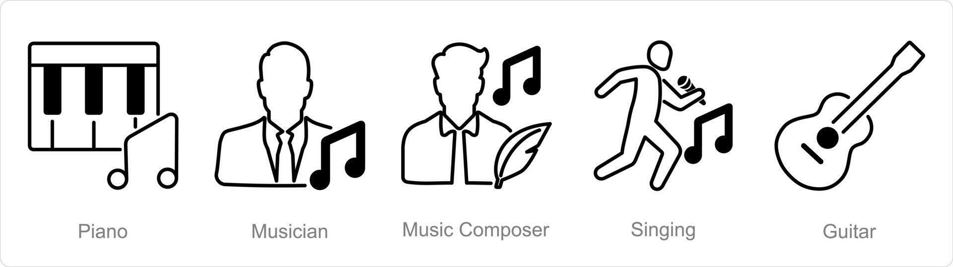 een reeks van 5 muziek- pictogrammen net zo piano, musicus, muziek- componist vector