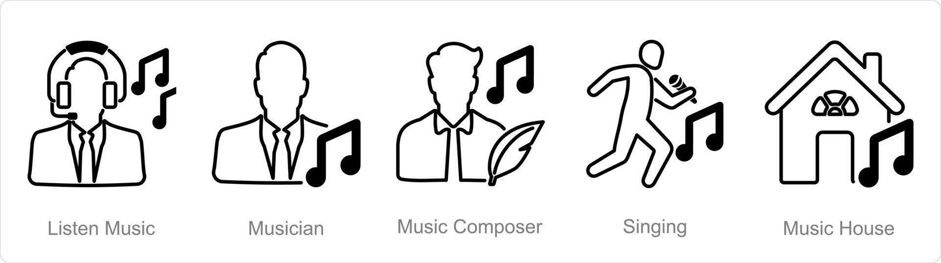 een reeks van 5 muziek- pictogrammen net zo luister muziek, musicus, muziek- componist vector