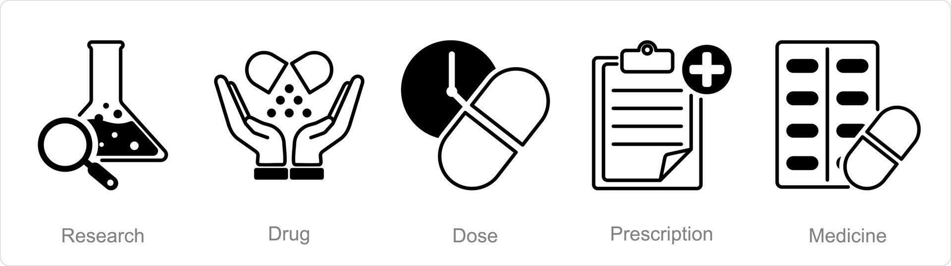 een reeks van 5 apotheek pictogrammen net zo Onderzoek, medicijn, dosis vector