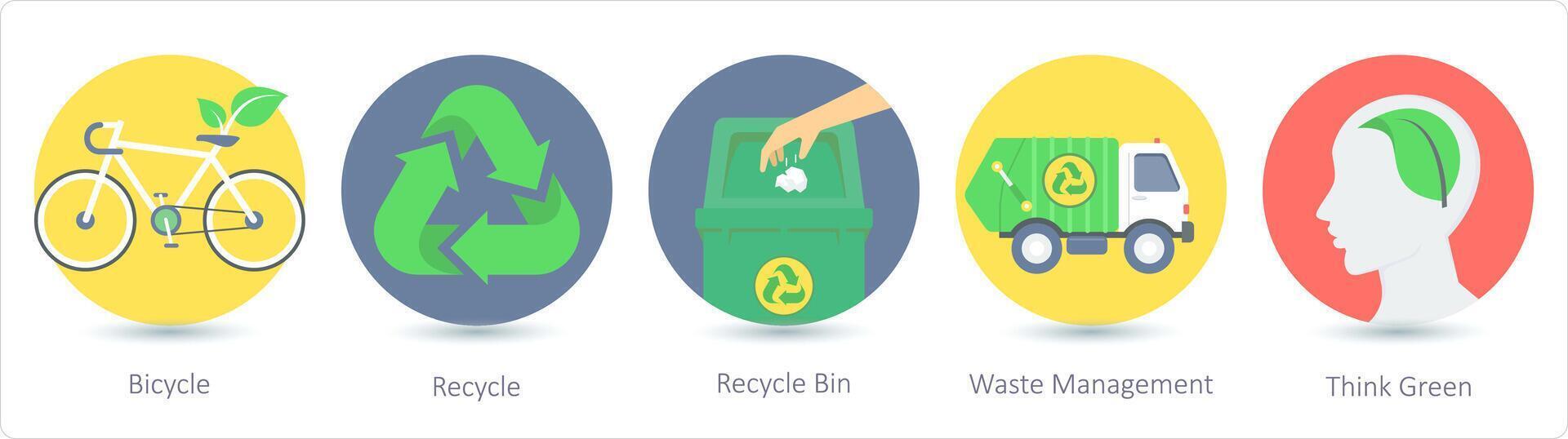 een reeks van 5 ecologie pictogrammen net zo fiets, recyclen, recycle bak vector