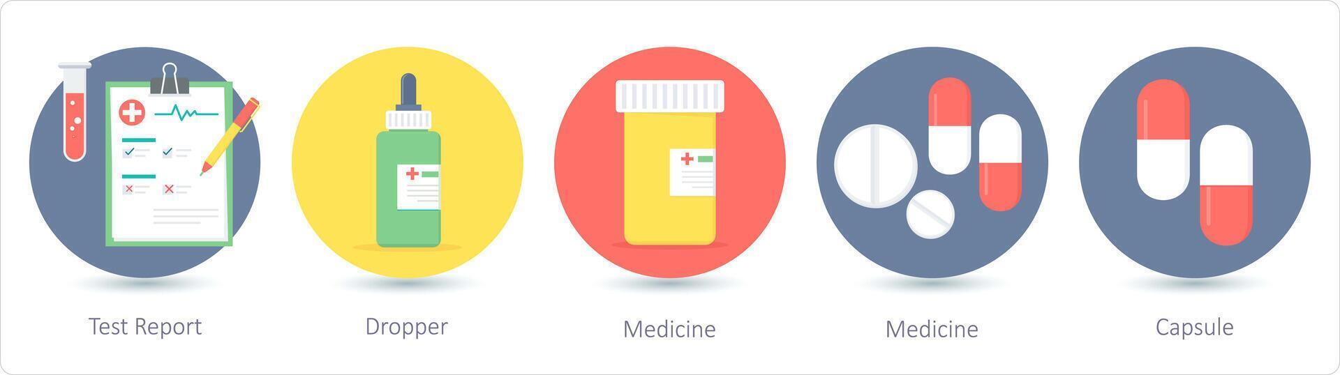 een reeks van 5 medisch pictogrammen net zo test rapport, druppelaar, geneeskunde vector