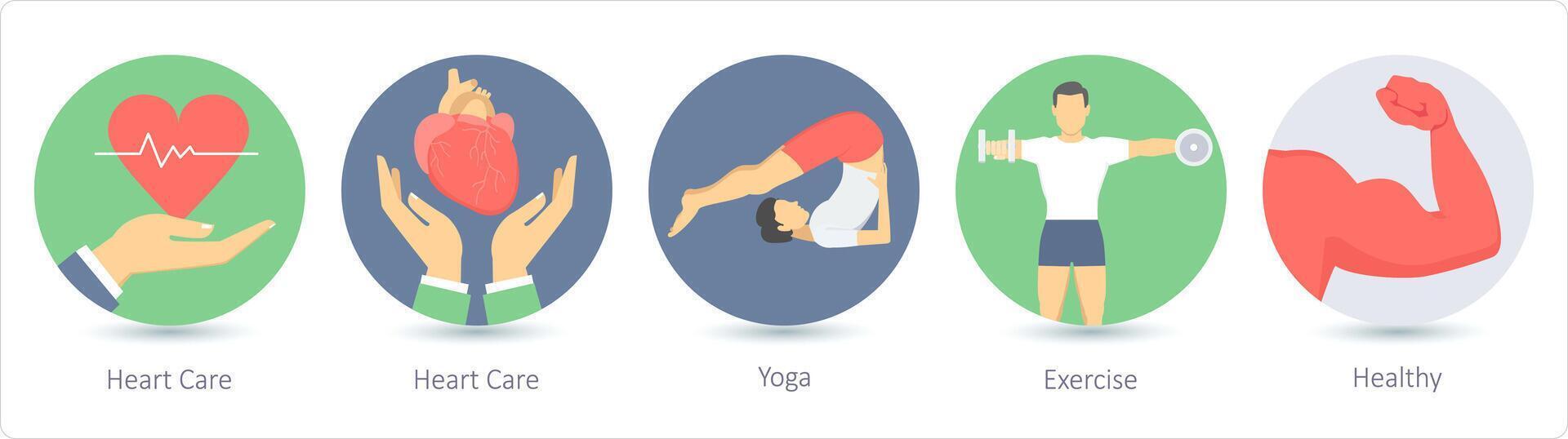 een reeks van 5 medisch pictogrammen net zo hart zorg, yoga, oefening vector