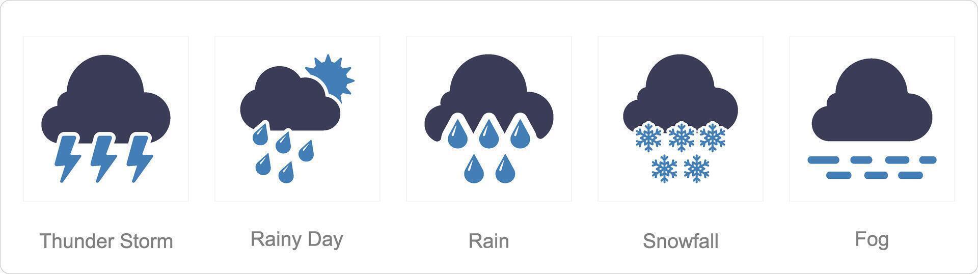 een reeks van 5 mengen pictogrammen net zo onweersbui, regenachtig dag, regen vector