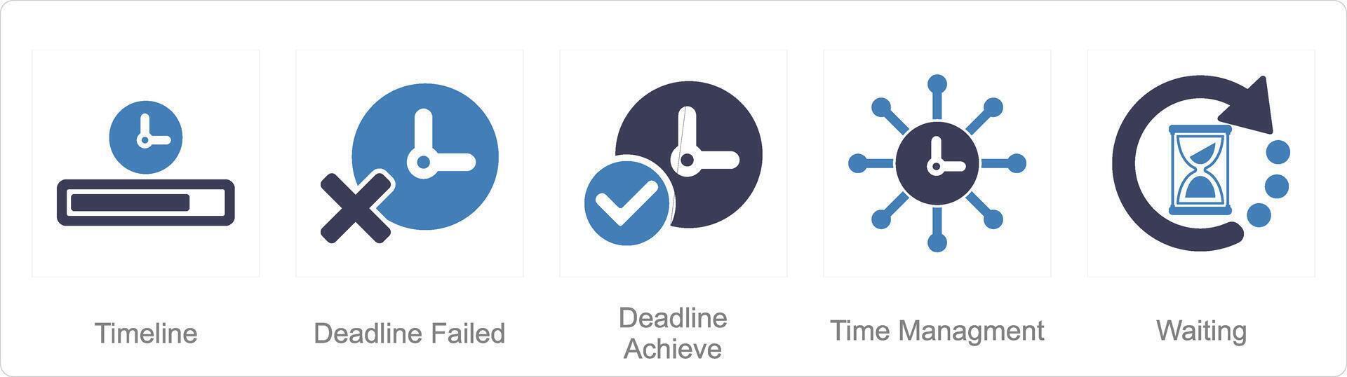 een reeks van 5 mengen pictogrammen net zo tijdlijn, deadline mislukt, deadline bereiken vector