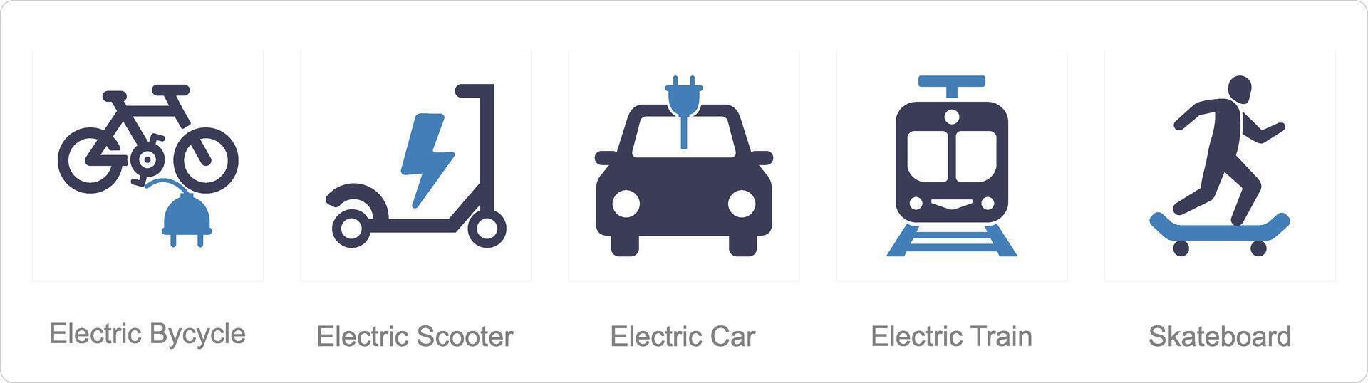 een reeks van 5 mengen pictogrammen net zo elektrisch fiets, elektrisch scooter, elektrisch auto vector