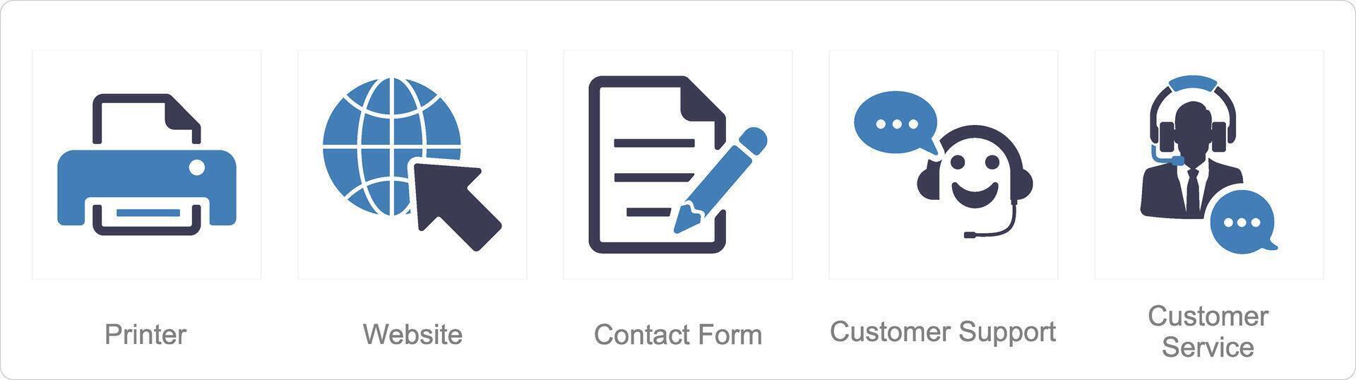 een reeks van 5 contact pictogrammen net zo printer, website, contact het formulier vector