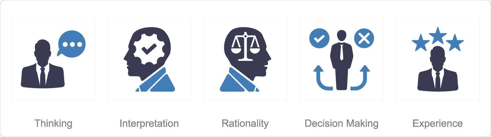 een reeks van 5 kritisch denken pictogrammen net zo denken, interpretatie, rationaliteit vector