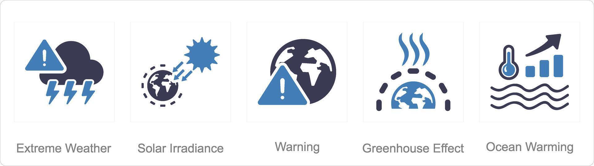 een reeks van 5 klimaatverandering pictogrammen net zo extreem het weer, zonne- ir straling, waarschuwing vector