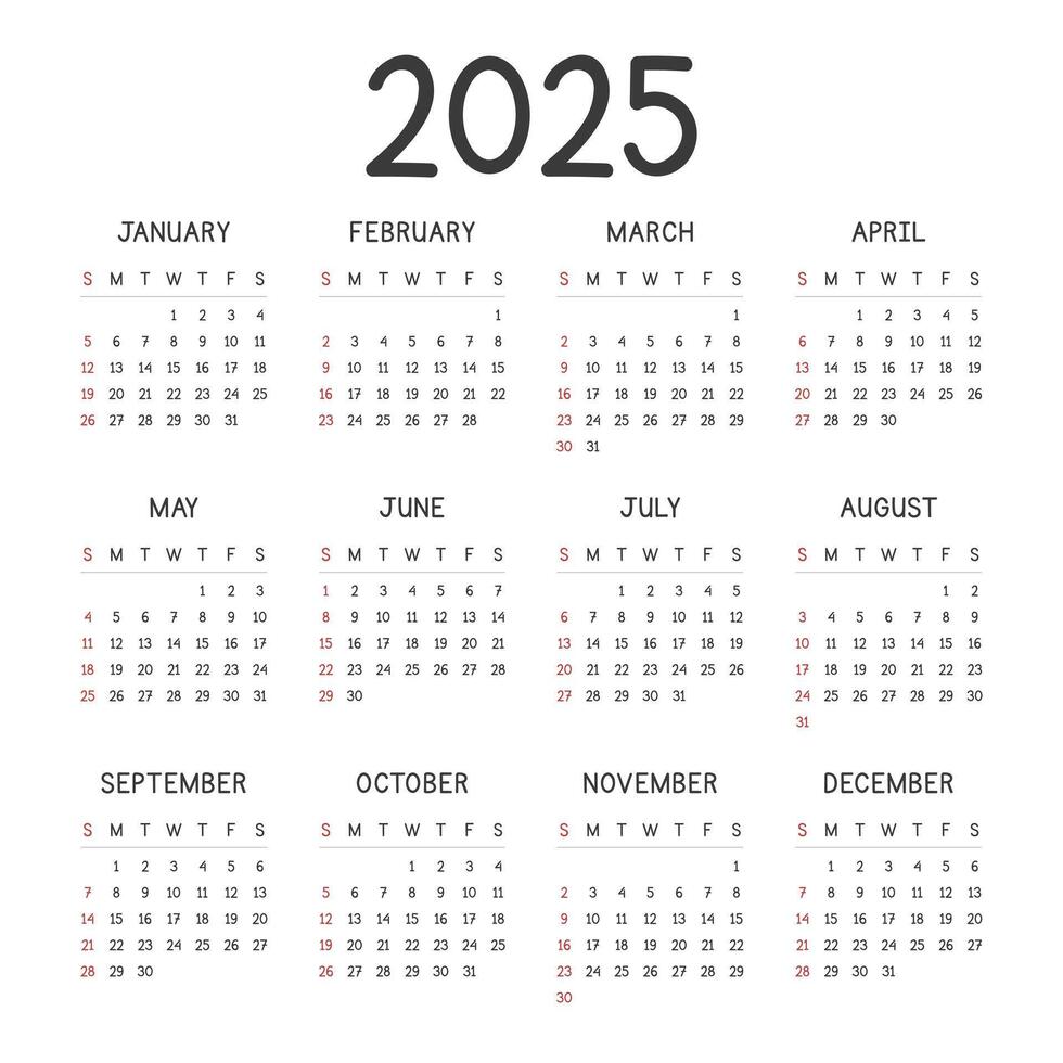 gemakkelijk 2025 kalender sjabloon met een schoon en speels tekst stijl. minimaal lay-out vector ontwerp. kalender voor de jaar 2025 tafels voor 12 maanden. modern en elegant ontwerp