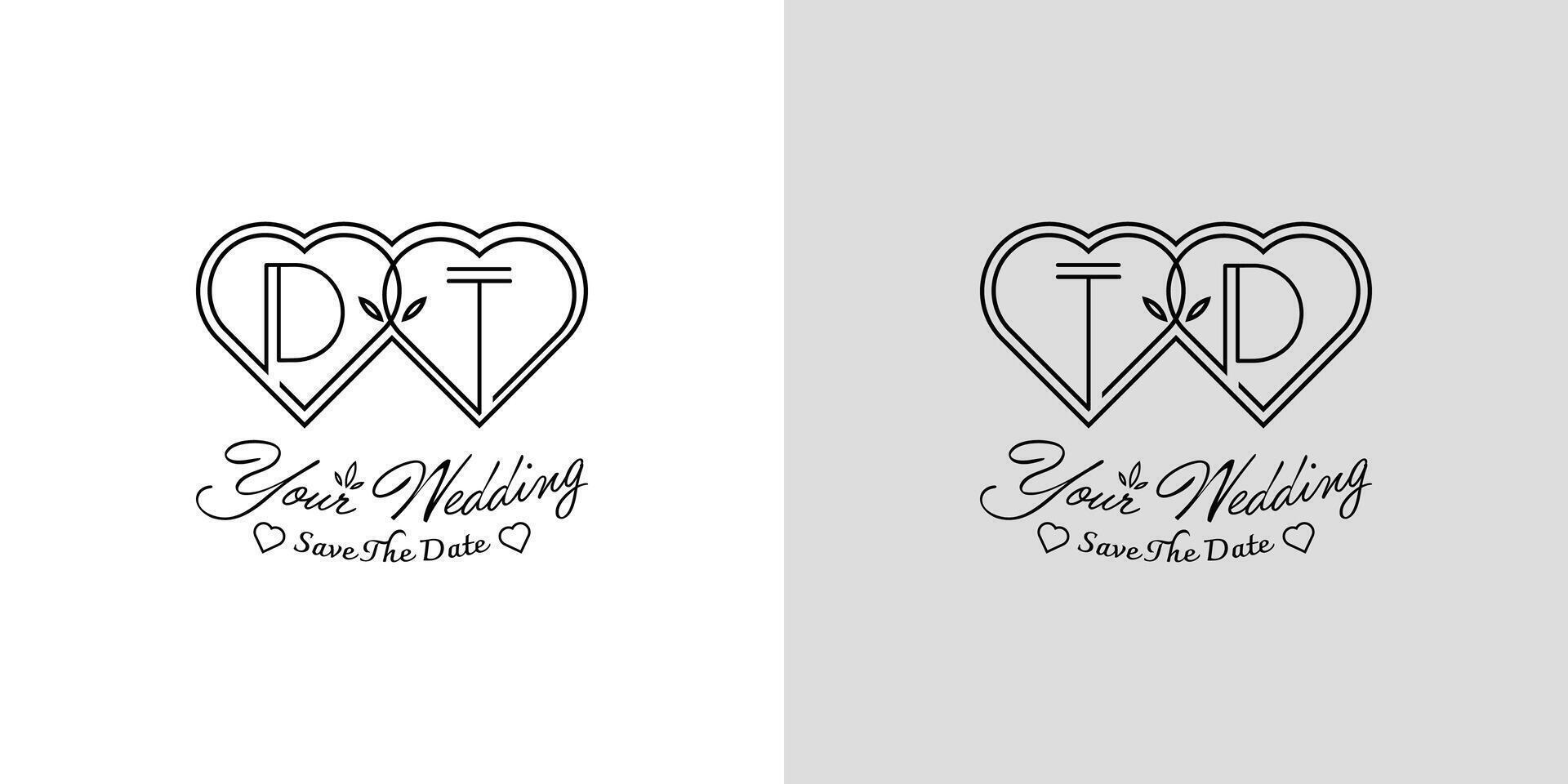 brieven dt en td bruiloft liefde logo, voor paren met d en t initialen vector