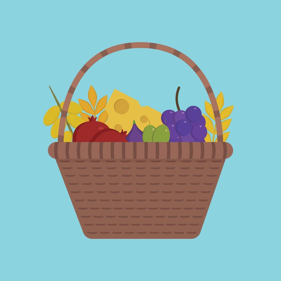 rieten mand met fruit en zuivelproducten icoon in plat design met blauwe achtergrond vector