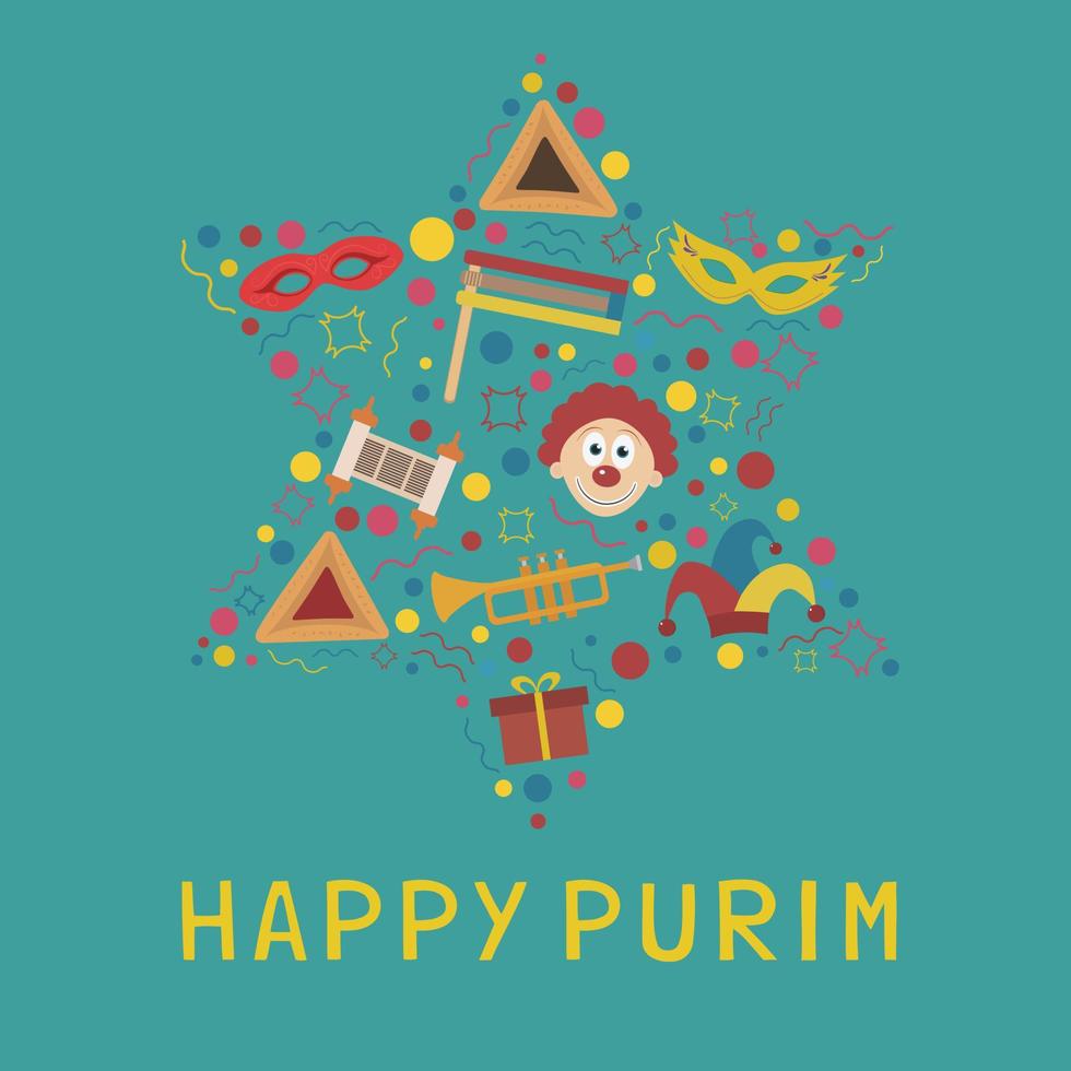 purim vakantie platte ontwerp pictogrammen in de vorm van een ster van david met tekst in het engels vector