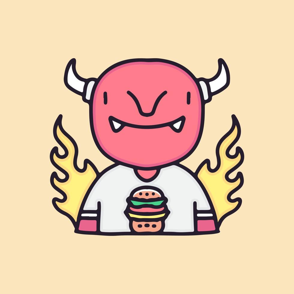 retro rode duivel met hamburger en vuur cartoon, illustratie voor stickers en t-shirt. vector