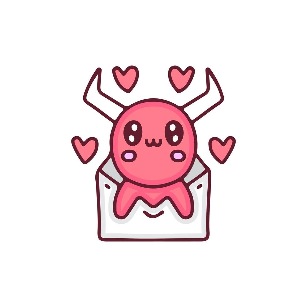kawaii rode duivel cartoon op liefdesbrief. perfect voor kinderdagverblijf, wenskaart, baby shower meisje, stof design. vector
