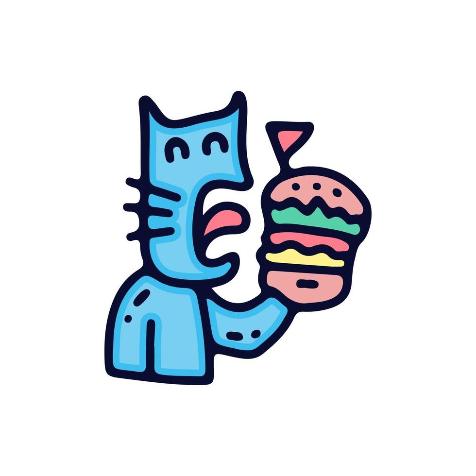 hongerige kat eet hamburger. illustratie voor t-shirt, poster, logo, sticker of kleding merchandise. vector