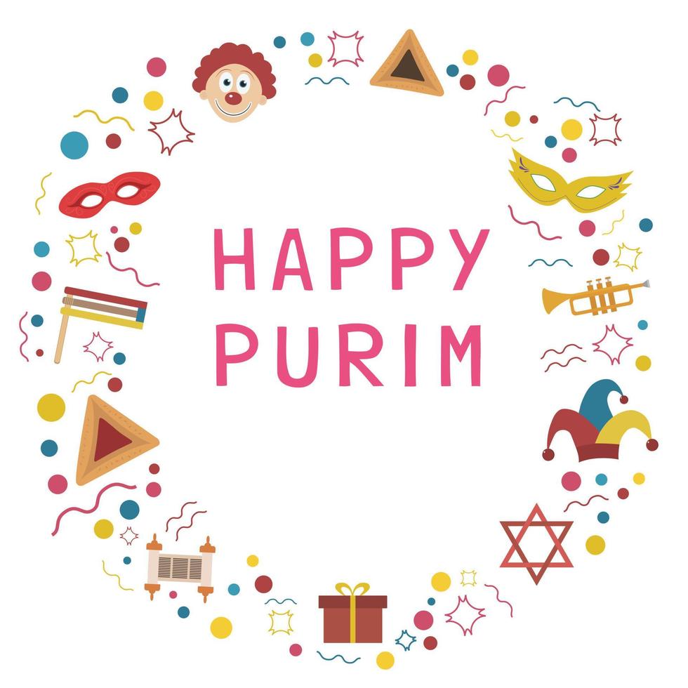 frame met purim vakantie platte ontwerppictogrammen met tekst in het Engels vector