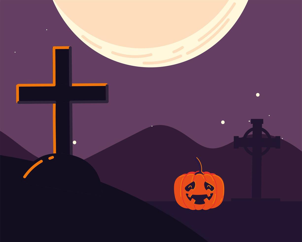 halloween pompoen en begraafplaats vector