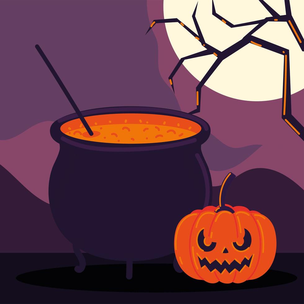 halloween pompoen en ketel vector