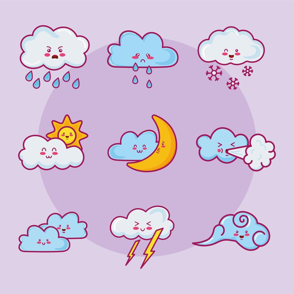 negen kawaii wolken karakters vector