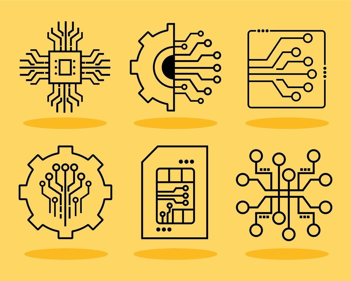 elektronische schakelingen zes pictogrammen vector