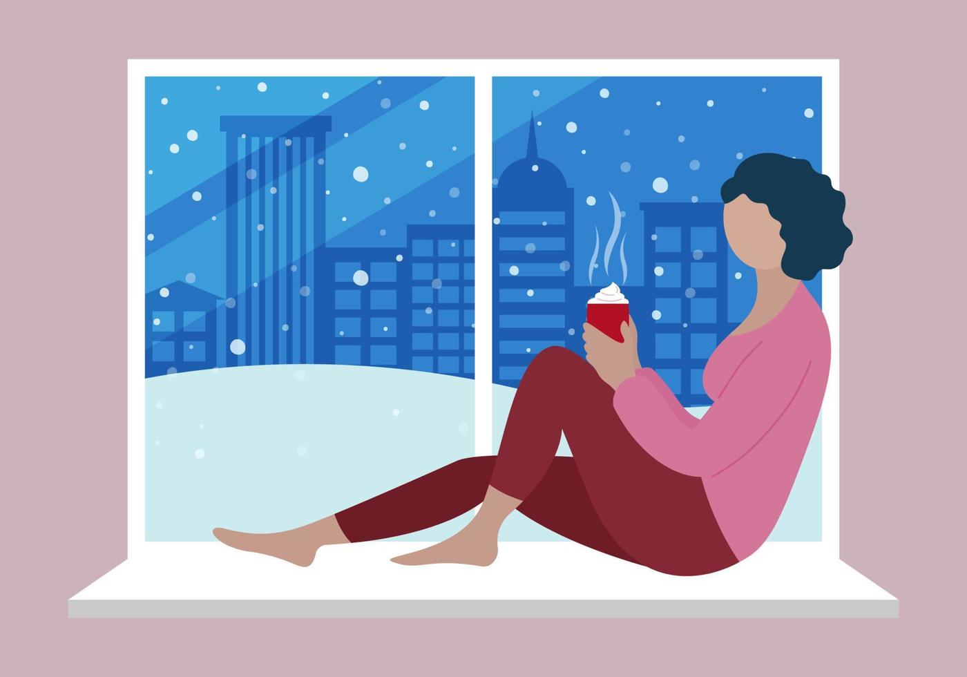 winteravond. vrouw zitten bij raam. sneeuwachtig weer. silhouet van nacht stad op de achtergrond. vector platte concept illustratie