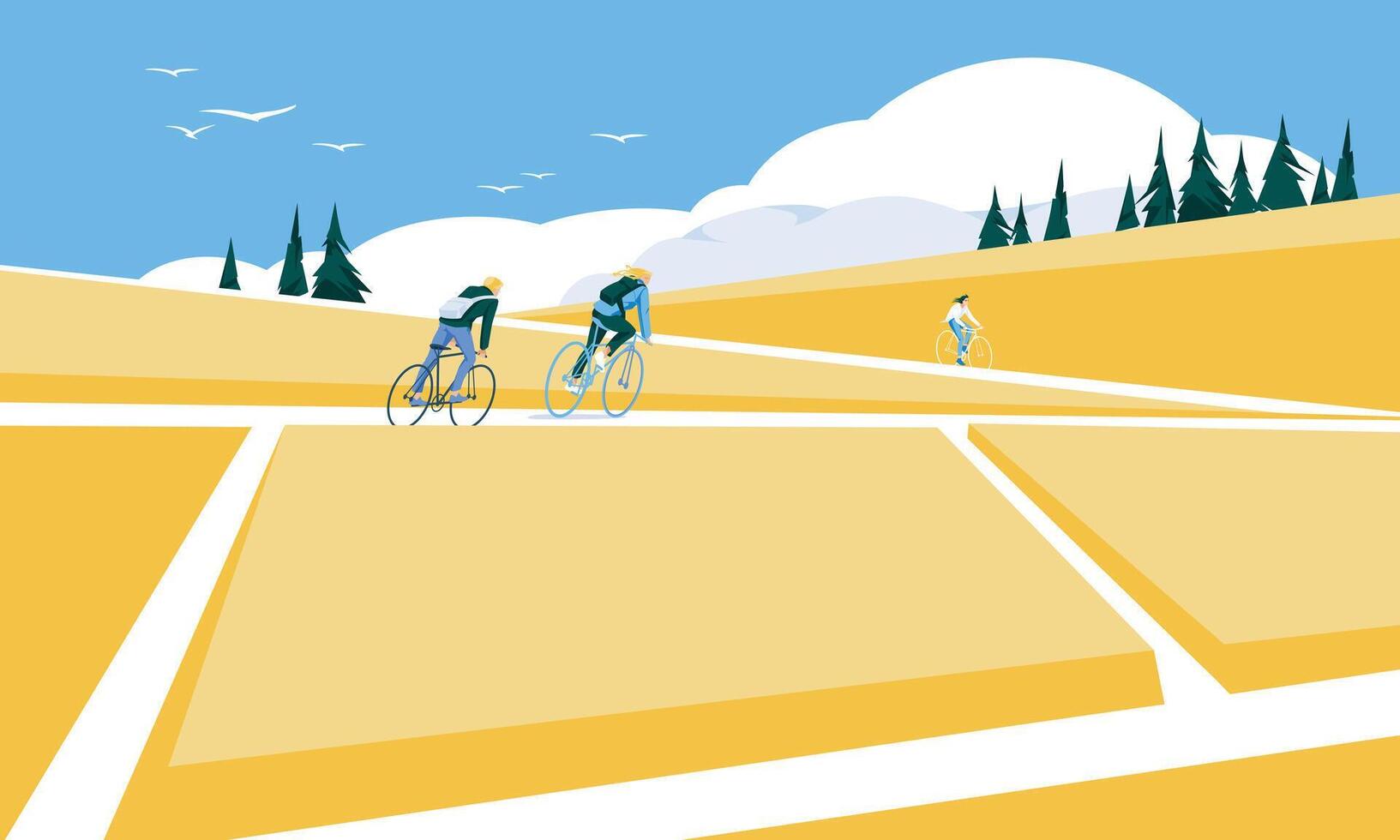 fietsers tussen een bloeiend geel veld. minimalistische landschap. seizoen vector vlak illustratie. milieu en ecologisch vervoer