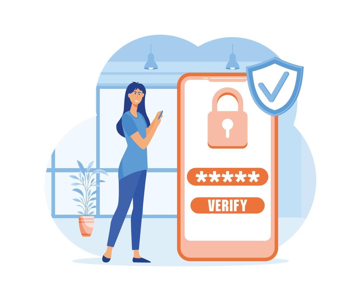 vrouw gebruik makend van veiligheid otp een tijd wachtwoord verificatie voor mobiel app Aan smartphone scherm. vlak vector modern illustratie