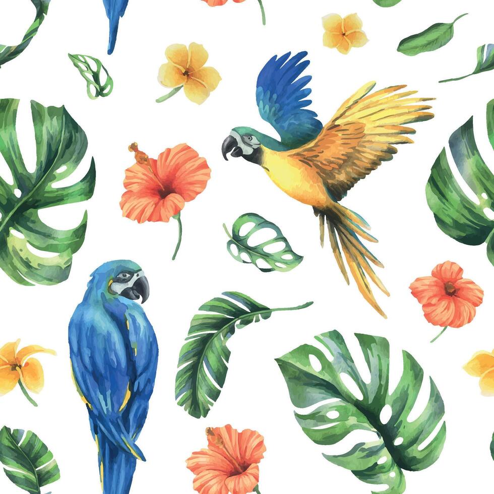 tropisch palm bladeren, monstera en bloemen van plumeria, hibiscus, helder met blauw Geel ara papegaai. hand- getrokken waterverf botanisch illustratie. naadloos patroon Aan een wit achtergrond. vector