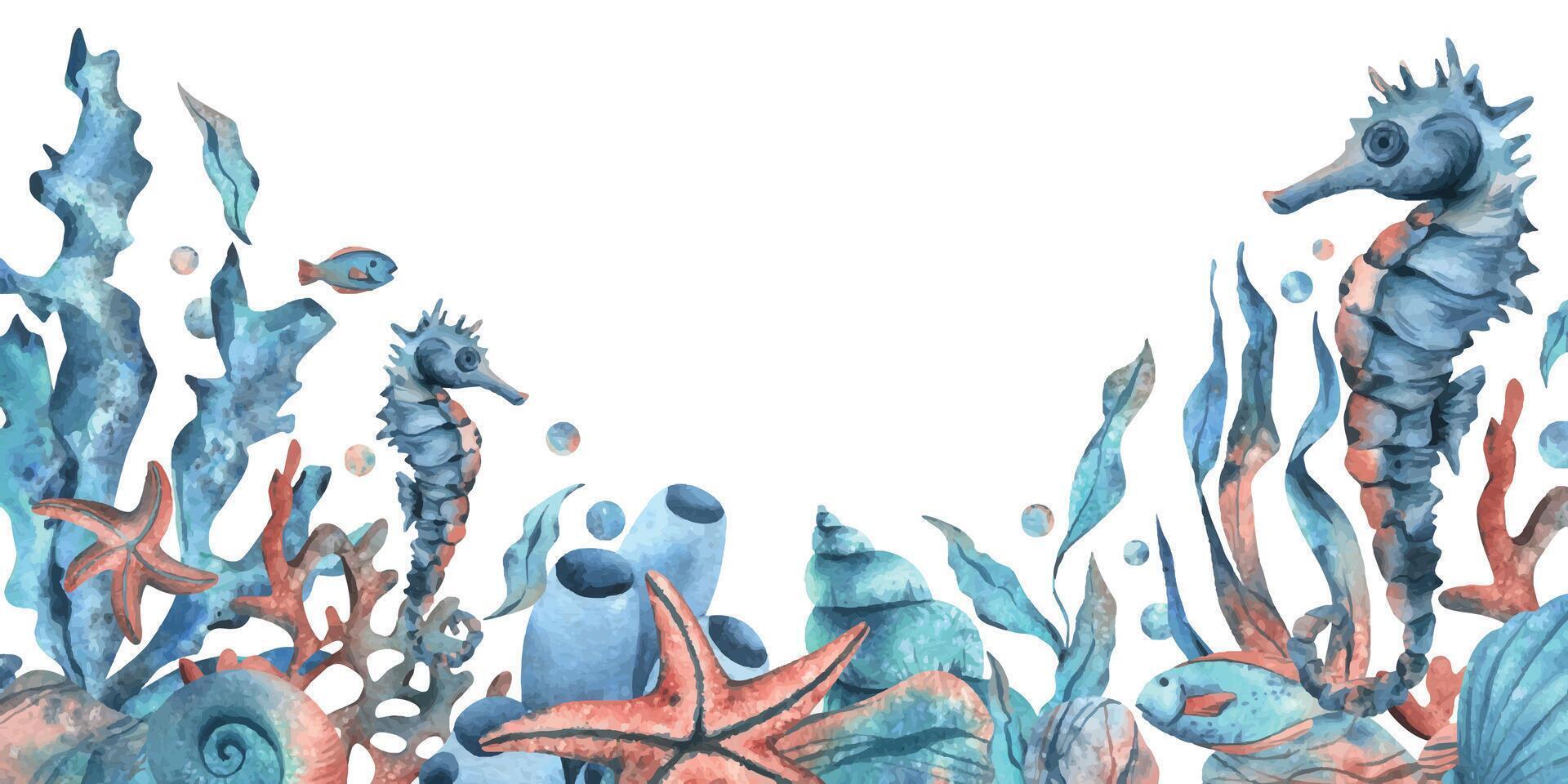 onderwater- wereld clip art met zee dieren walvis, schildpad, Octopus, zeepaardje, zeester, schelpen, koraal en algen. hand- getrokken waterverf illustratie. grens, sjabloon, kader geïsoleerd van de achtergrond vector