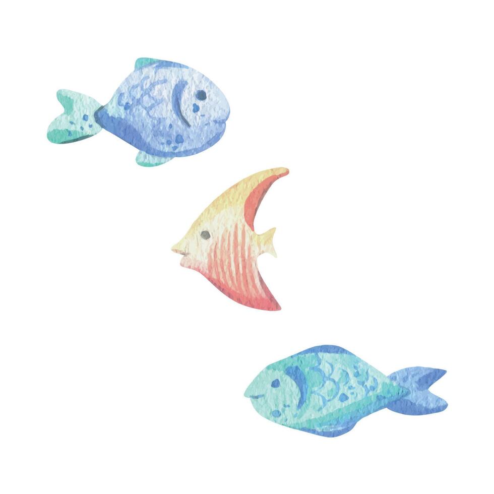 divers zee vis, gemakkelijk, cartoonesk. waterverf illustratie hand- getrokken met pastel kleuren turkoois, blauw, munt, koraal, perzik. reeks van elementen geïsoleerd van achtergrond. vector
