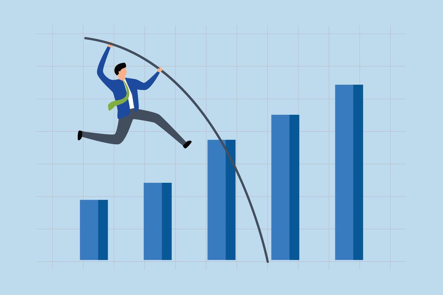 bedrijf groei, zakenman jumping over- groei bar grafiek. vector