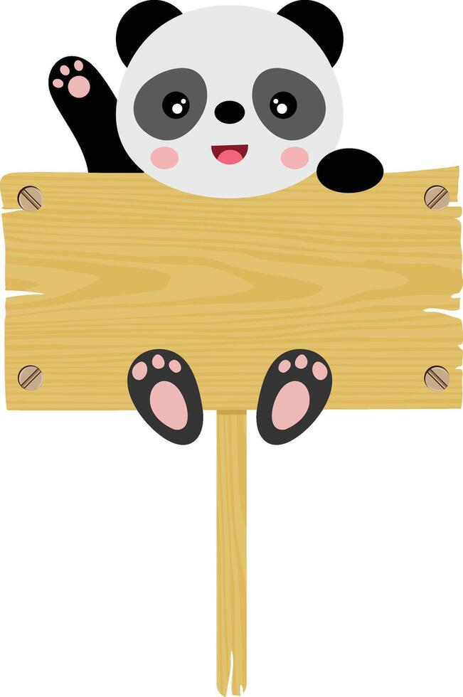schattig panda hangende Aan een leeg houten bord vector