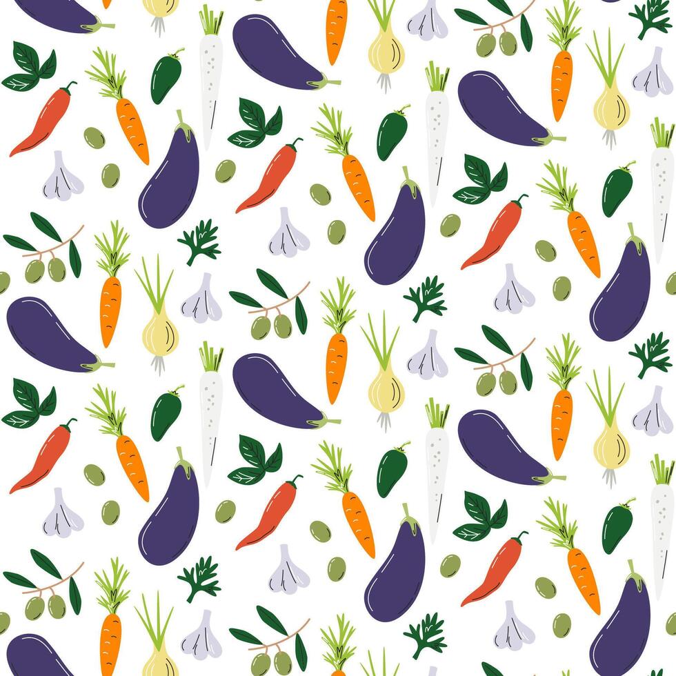 aubergine en groenten geïsoleerd Aan wit. eco biologisch naadloos patroon afdrukken. lokaal boer markt omhulsel papier concept ontwerp. escabeche recept ingrediënten hand- getrokken vlak vector illustratie