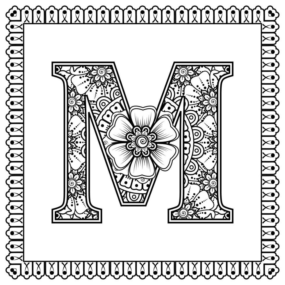 letter m gemaakt van bloemen in mehndi-stijl. kleurboek pagina. schets hand-draw vectorillustratie. vector