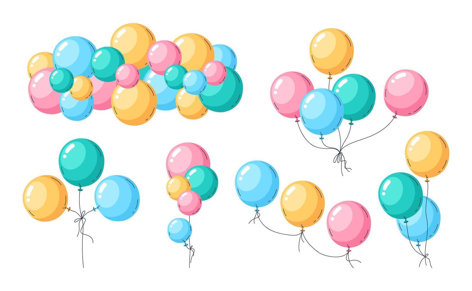 helium ballonnen bossen. lucht ballonnen feestelijk decoraties, gelukkig verjaardag viering kleurrijk decor vlak vector illustratie set. vliegend glanzend lucht ballonnen