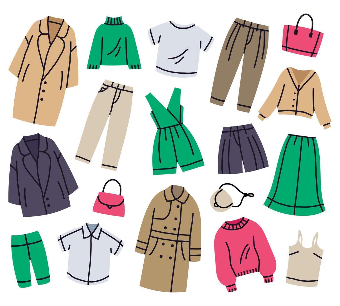 mode vrouw garderobe kleren. modern gewoontjes vrouw garderobe, zomer en vallen modieus outfits tekenfilm vector illustratie set. elegant kleren