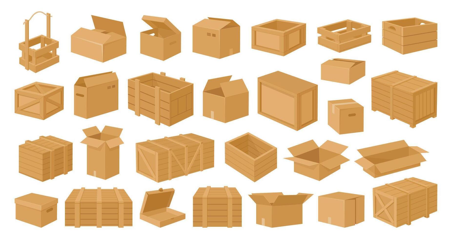 houten en karton dozen. karton levering pakketjes, lading Verzending houten dozen vlak vector illustratie set. tekenfilm levering pakket verzameling
